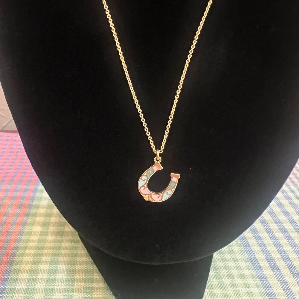 Women's Anthropologie Gold Tone Enamel Horseshoe Necklace 17" with Extender